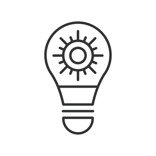 ラインデザインの電球の日光アイコン。電球、太陽光、光、エネルギー、太陽、イルミネーション、明るい、白い背景ベクトルで隔離されたランプ。電球の日光編集可能なストローク アイコ - light beam light effect lighting equipment light点のイラスト素材／クリップアート素材／マンガ素材／アイコン素材