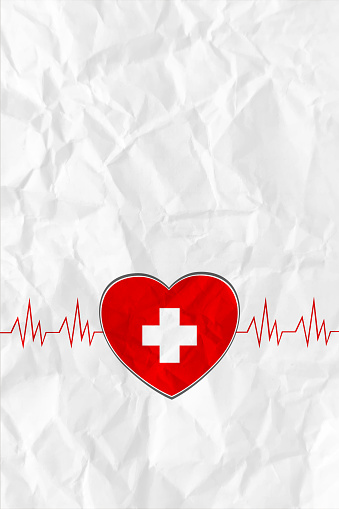 One big vibrant solid red colored heart shape with a plus or medical cross and an ECG wave over white coloured textured crumpled white line page paper vector vertical bordered backgrounds with folds and creases and copy space