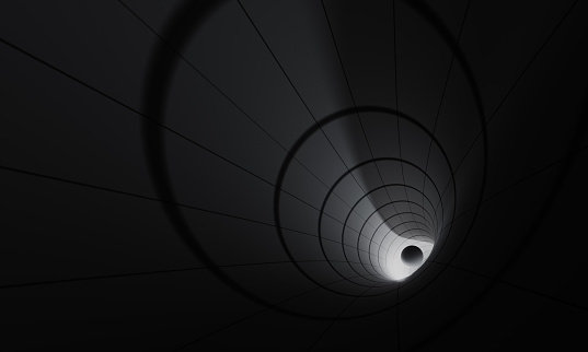 Black sphere travelling inside of a tunnel. Horizontal composition.