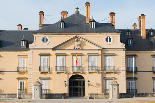 Main entrance to Royal Palace El Pardo, historic building. Madrid, Spain; 2022 November 27th