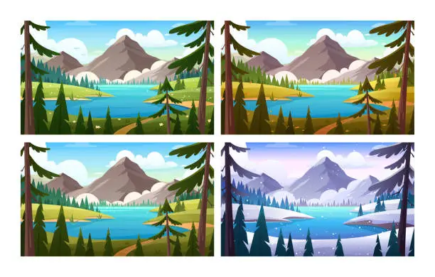 Vector illustration of Mountain lake landscape in different seasons