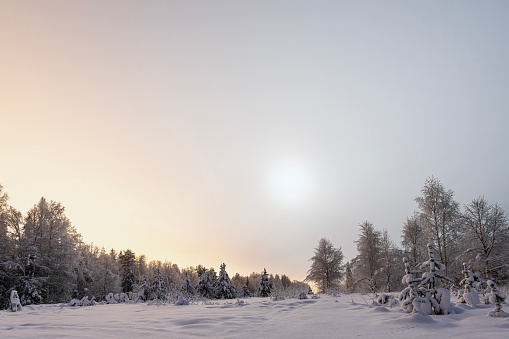 Scenic and bright landscape with sunrise at frosty autumn morning