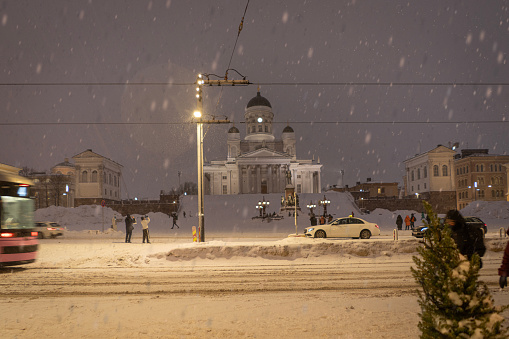 Helsinki Cathedral at night with snow