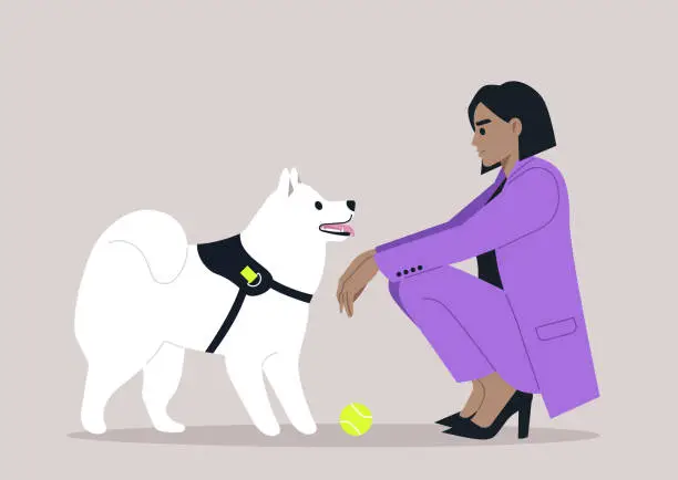Vector illustration of A woman in a stylish purple suit kneels down to interact with her white, attentive dog, as a yellow ball awaits the fun they are about to have