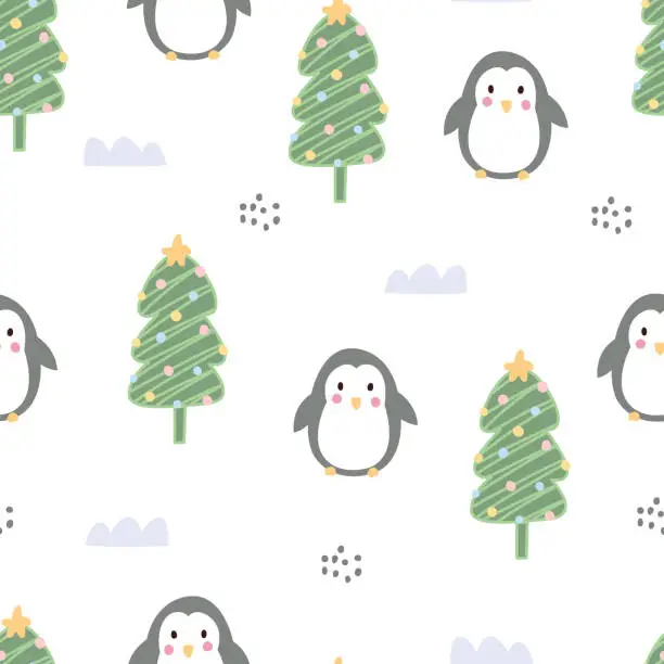 Vector illustration of Seamless pattern with penguins on white background. Hand drawn design in cartoon style. used for decoration Celebration Wallpaper Fabric Textile