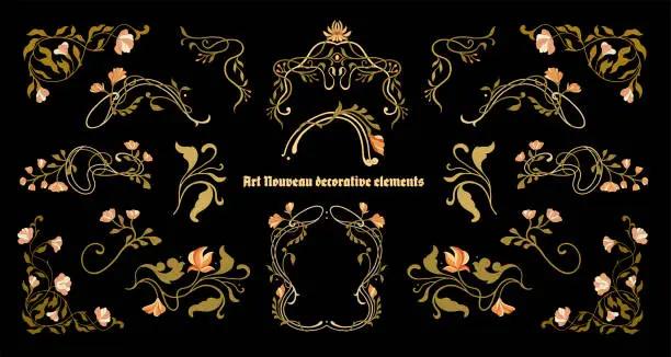 Vector illustration of Art & IllustrationArt Nouveau floral frames, corners, and borders. Vector.