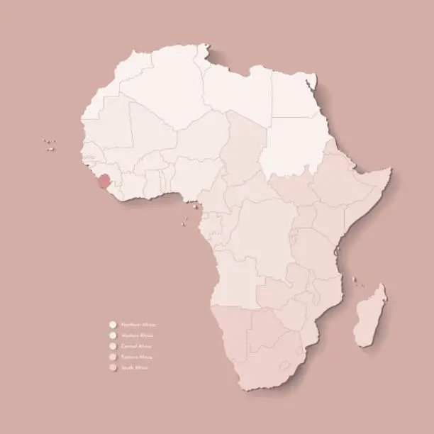 Vector illustration of Vector Illustration with African continent with borders of all states and marked country Sierra Leone. Political map in brown colors with western, south and etc regions. Beige background