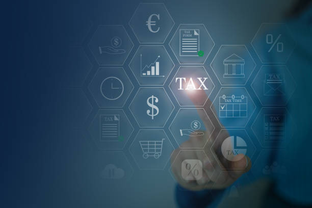 istock Virtual touch hands screen Complete an online personal income tax 1995145756