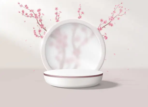 Vector illustration of Realistic background with a podium in pastel pink colors. Round platform with frosted glass and flowers in the background to display your products.