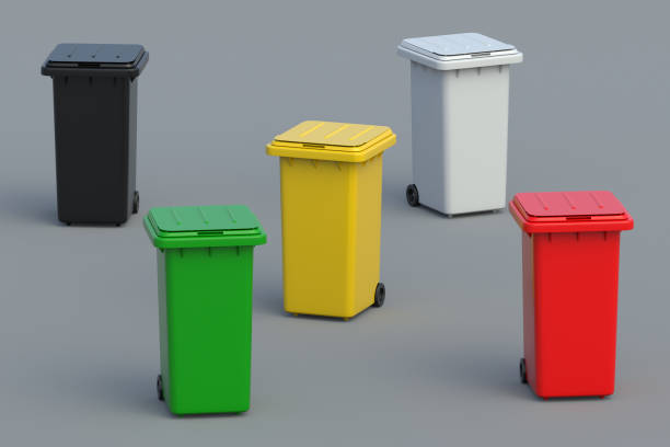 istock Many scattered recycle bins. Plastic garbage cans. Waste collection. Trash containers. Dustbins for different junk. Boxes for rubbish. 3d render 1995150755
