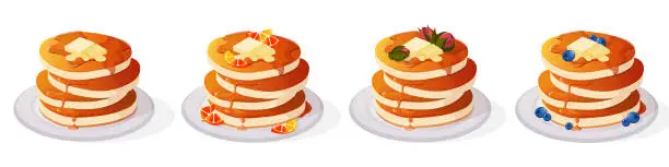 Vector illustration of Set of pancake illustrations. Pancakes. Pancakes for breakfast. Sweet breakfast. Pancakes with fruits