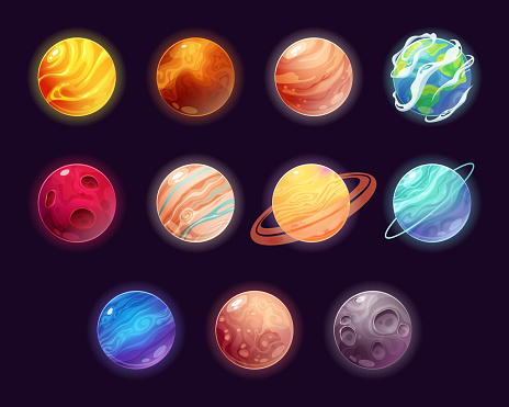 Set of planets in solar system. The sun, Mercury, Venus, Earth, Mars, Jupiter, Saturn, Uranus, Neptune, Moon and Pluto. Vector illustration in cartoon style