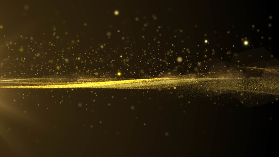 Abstract golden horizontal wave flowing with bokeh for new year festival illustration. Glittering gold particle background greeting merry Christmas footage with lens flare shinning light.