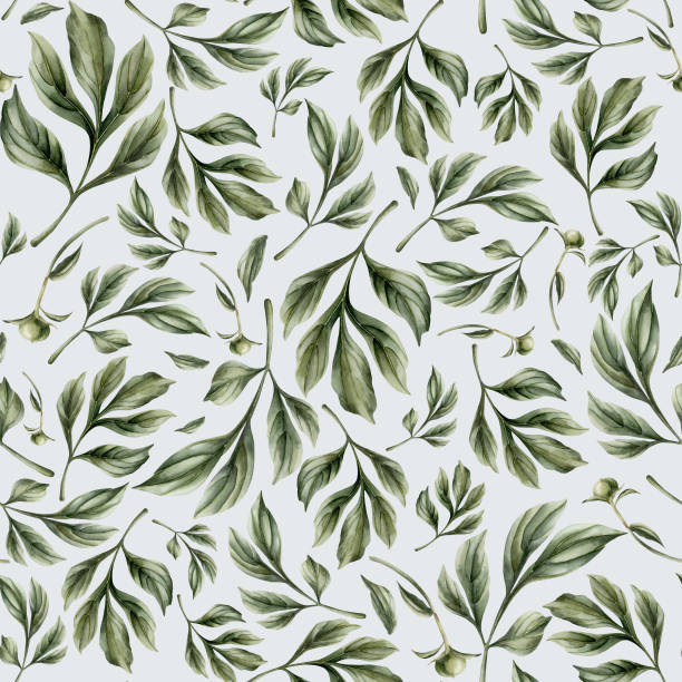 istock Floral watercolor seamless pattern with green peony leaves on light blue background. For design, fabric, wrapping 1995166549