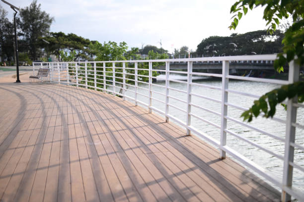 Wooden floor in riverside garden