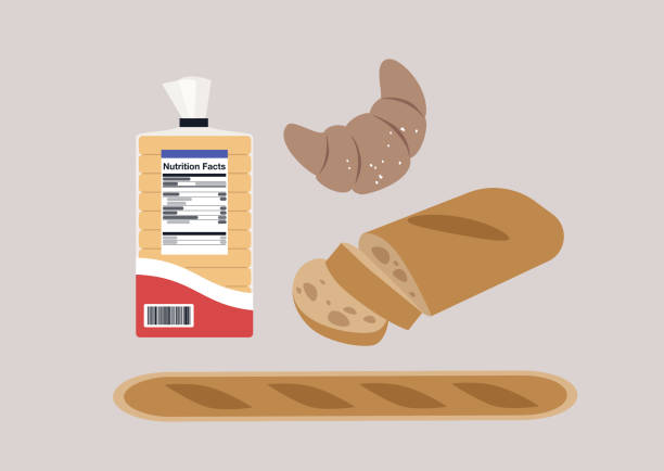 illustrations, cliparts, dessins animés et icônes de bakery delights, une illustration fantaisiste de pain fraîchement tranché, d’un croissant feuilleté, d’une longue baguette croustillante et d’un emballage contenant des informations nutritionnelles, le tout sur un fond pastel doux - nutritional