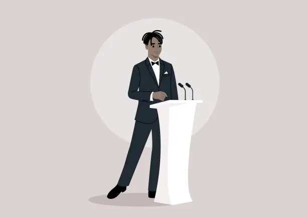 Vector illustration of Distinguished Orator Delivering an Eloquent Speech at a Podium, A poised character in a formal suit stands with confidence as they address an unseen audience from behind a modern rostrum