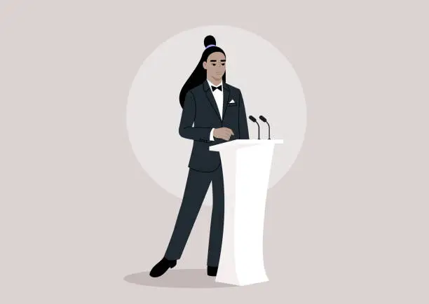 Vector illustration of Distinguished Orator Delivering an Eloquent Speech at a Podium, A poised character in a formal suit stands with confidence as they address an unseen audience from behind a modern rostrum