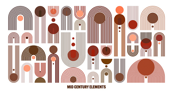 Mid century arch and circle elements, modern geometric shapes. Contemporary design, minimalist art. Trendy design elements for wall decor, posters, books, covers and flyers. Vector illustration.