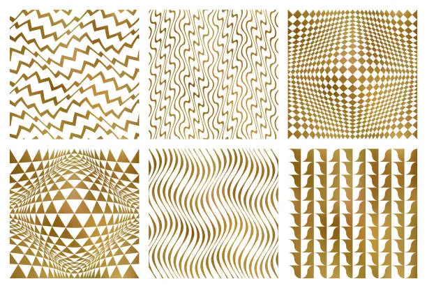 Vector illustration of Vector seamless patterns set of different golden fashionable optical ornaments. Modern patterned tiles design. Samples of trending print on textile.