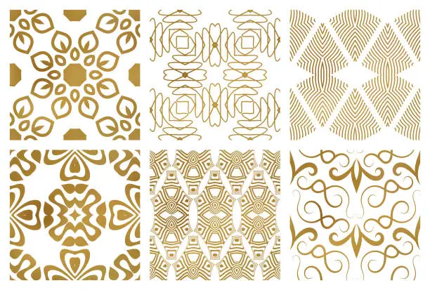 Vector illustration of Vector seamless patterns set of different golden fashionable ornaments. Vintage patterned tiles design. Samples of trending print on textile.