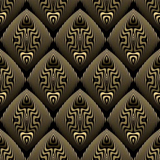 Vector illustration of Seamless pattern with vintage golden ethnic decor on black background. Template for design in luxurious vintage style.