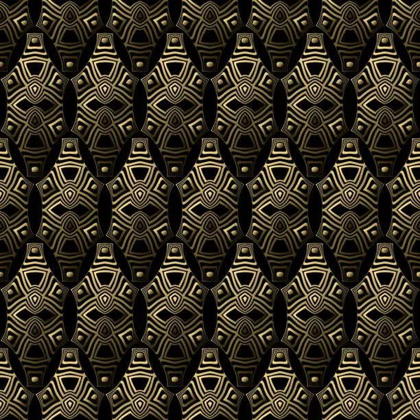 Vector illustration of Seamless pattern with vintage golden armor ornament on black background. Template for luxurious wrapping paper design.