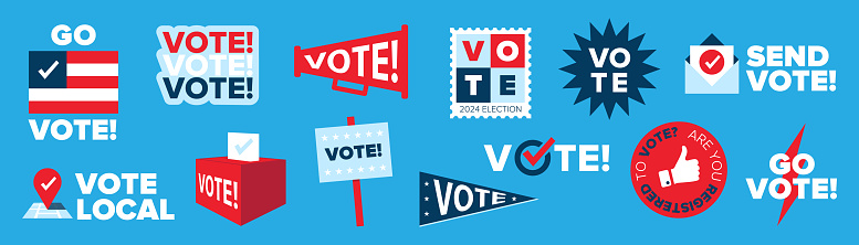 Encourage voting USA 2024 badges set. American vote labels. Voter badge.USA election campaign pins.