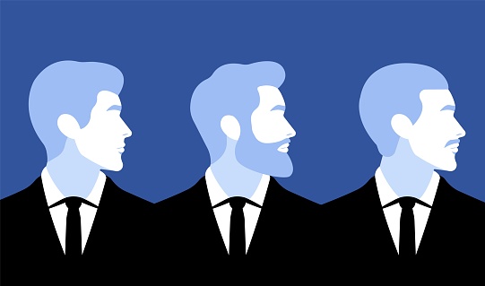 Row of men silhouettes in profile. Business men profile portraits. Formal wear, necktie and various hairstyles. Presenting a diverse range of professional looks.