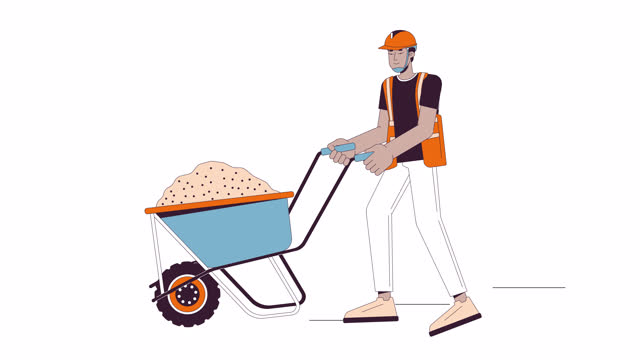 Construction worker transporting concrete on wheelbarrow line cartoon animation