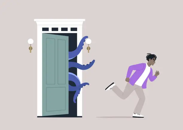 Vector illustration of Young character sprints away from the ghost of the past, a haunting and frightening moment, a symbolic escape, an effort to overcome a panic attack and break free from the grip of unsettling memories