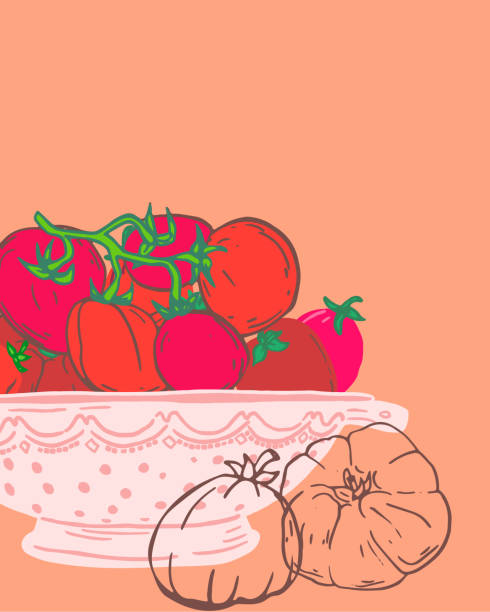ilustrações, clipart, desenhos animados e ícones de tomates de herança desenhados à mão em um colander - heirloom tomato illustrations