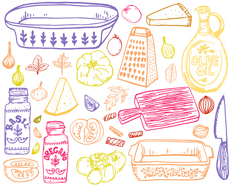 A drawing of kitchen items in hand drawn style on a flat color background.