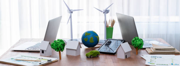 istock Environment friendly company office table with various eco mockup. Trailblazing 1995207889