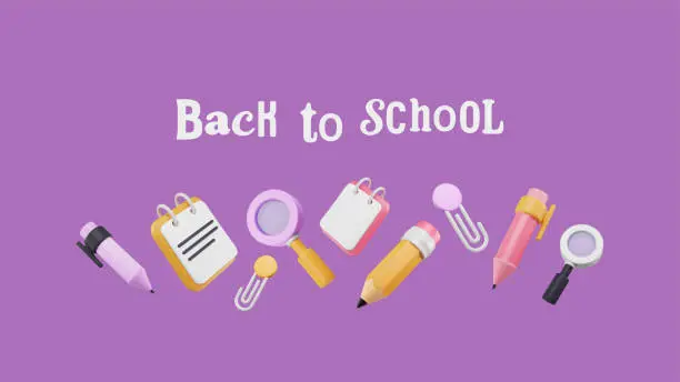 Vector illustration of Back to school concept with 3d stationery supplies in pastel purple, pink, yellow colors.