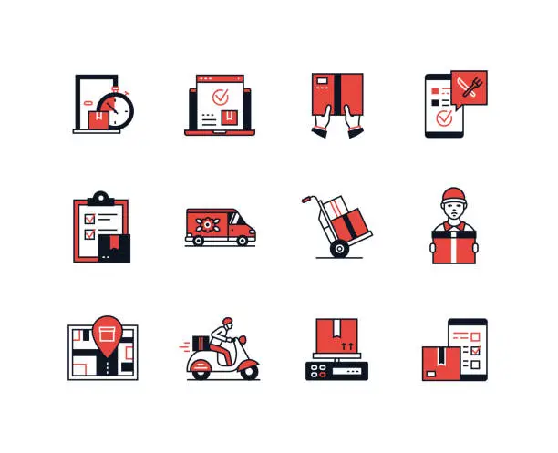 Vector illustration of Courier and order delivery - line design style icons set