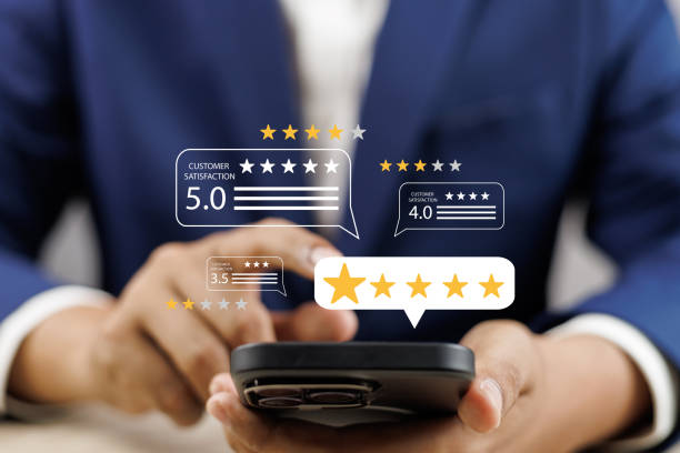 istock Online customer satisfaction Survey service concept, client rate service from experience in application,Consumer give five-Stars and feedback review for quality, Business reputation ranking from buyer 1995232955