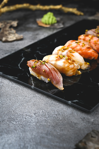 Close up of a nigiri sushi mix.