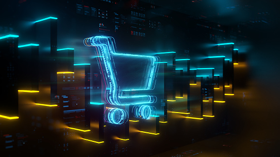 Digital cart icon on future tech background. Online shopping evolution. Futuristic shopping cart icon and abstract chart in world of technological progress and innovation. CGI 3D render