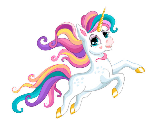 Cute unicorn with rainbow mane vector illustration Cute cartoon unicorn with rainbow mane and tail isolated on a white background. Unicorn character. Color vector illustration for print, design, stickers, decorations, kids clothes, souvenirs disney character free background stock illustrations