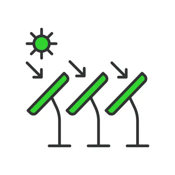 Vector illustration of Sun to solar panel icon in line design green. Sun, solar, panel, energy, photovoltaic, electricity, renewable, sunlight isolated on white background vector. Sun to solar panel editable stroke icon.
