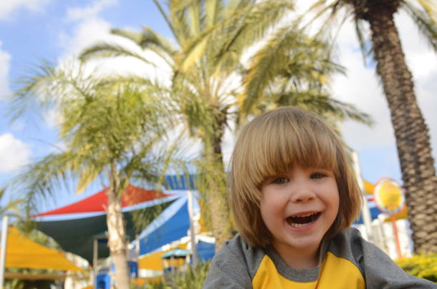 positive boy 4 years old at the playground. bright playground, palm trees, good mood. the face of the child, positive emotions - surprise child 4 5 years little boys foto e immagini stock