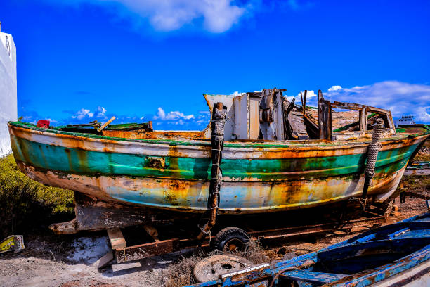 Abandoned old vintage Wooden fishing boat on beach