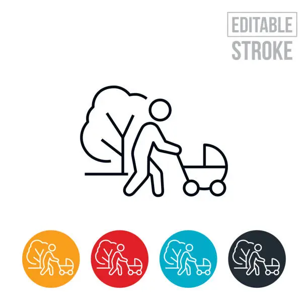 Vector illustration of Mother Pushing Baby Stroller In Park Thin Line Icon - Editable Stroke