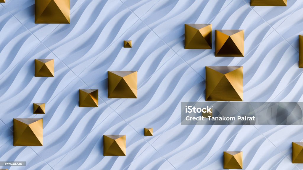 3d Render Abstract Gold Triangular Pyramid Pattern On White Wave ...