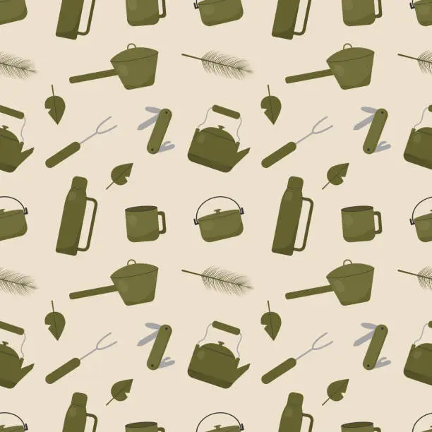 Vector illustration of Seamless pattern with illustration for camping. Background with camping utensils.