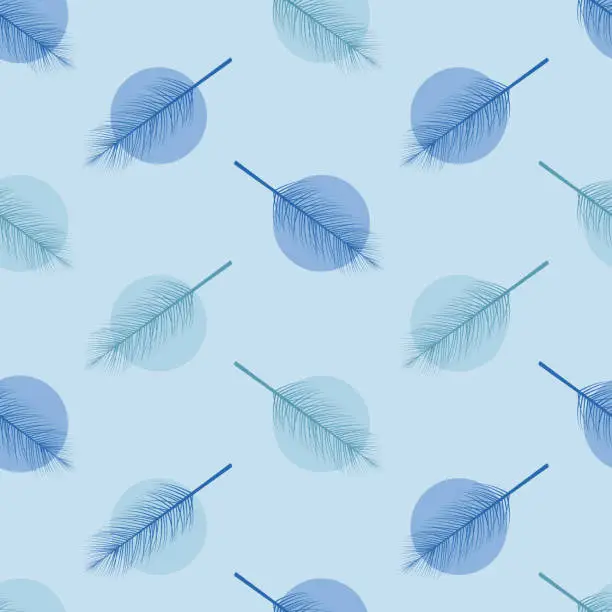 Vector illustration of Delicate vector seamless pattern with illustration of feathers on a blue background. Delicate background for design.