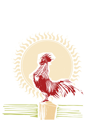 Woodcut style farm rooster crowing in the morning
