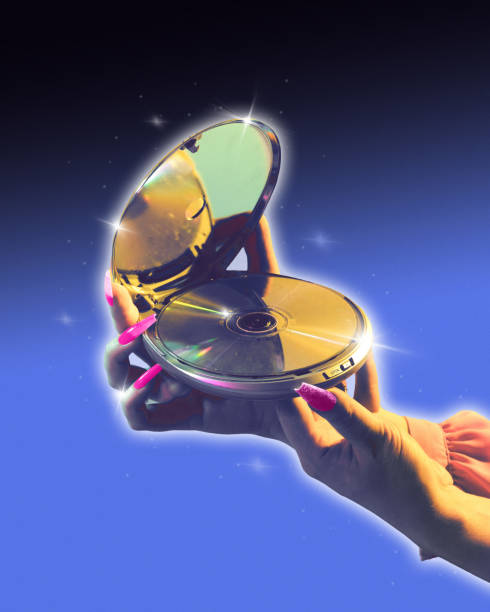 Poster. Modern aesthetic artwork. Hand holds vintage CD compact player against gradient background. Trendy Y2K style and retro futurism.