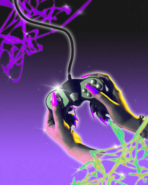 Poster. Modern aesthetic artwork. Female hands holds vintage gamepad against gradient background. Trendy Y2K style and retro futurism.